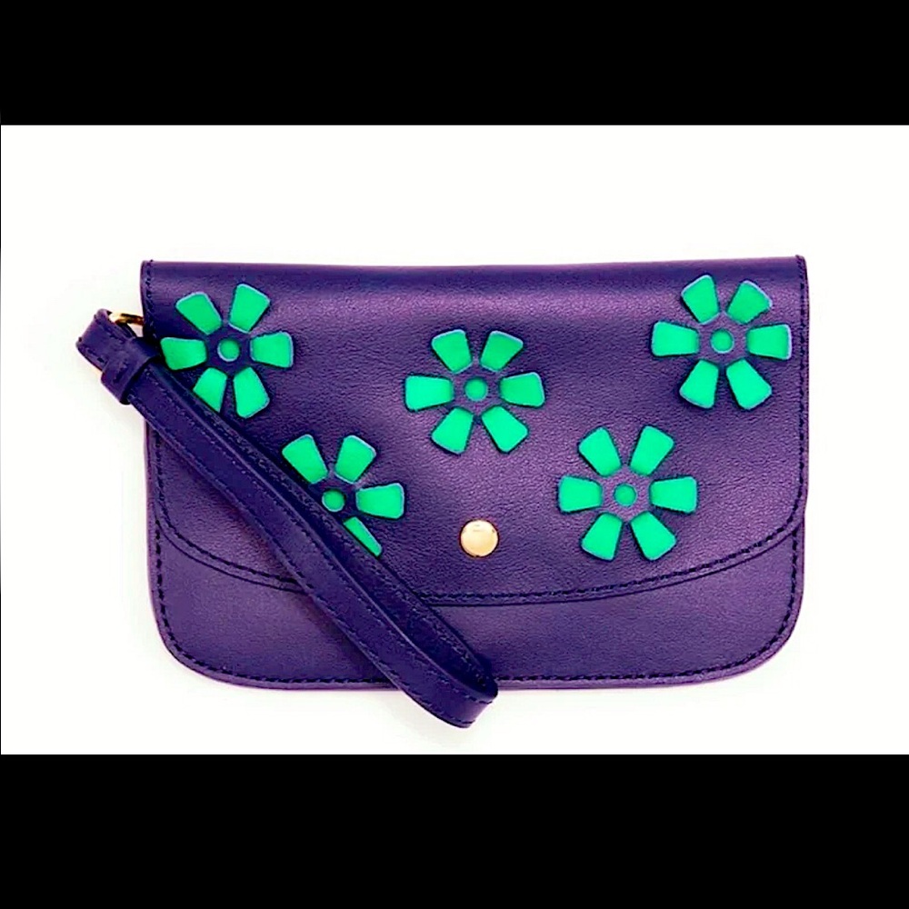 Talbots Navy Blue/Green Floral Wristlet purse bag wallet case 100% Leather NWT!